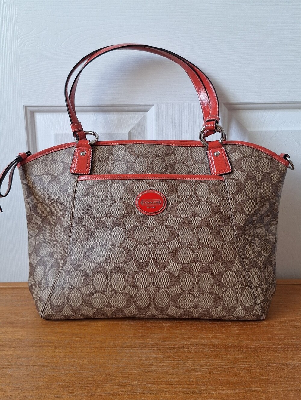 Coach Signature Coated Canvas Shoulder Bag Monogram Tote Coral Leather Trim
